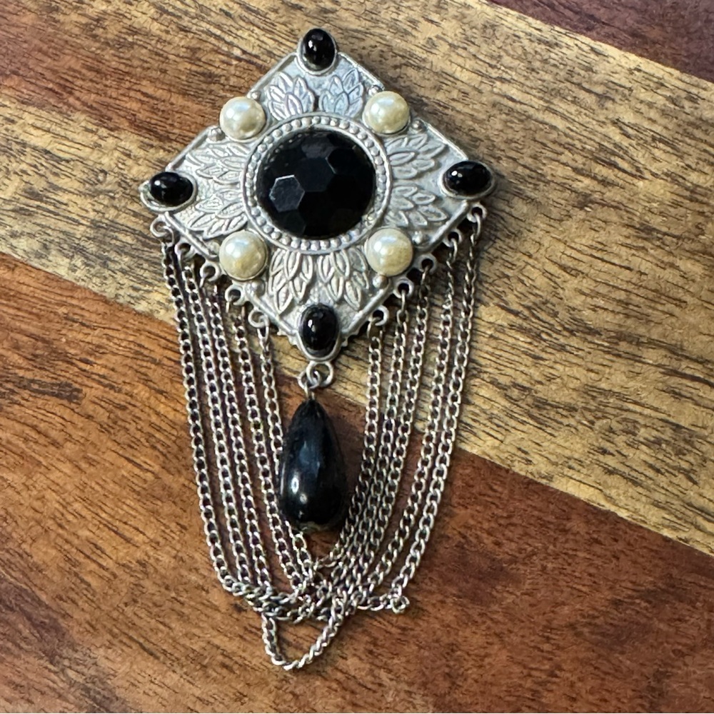 Vintage Black Glass Pearl Chain Dangle Brooch